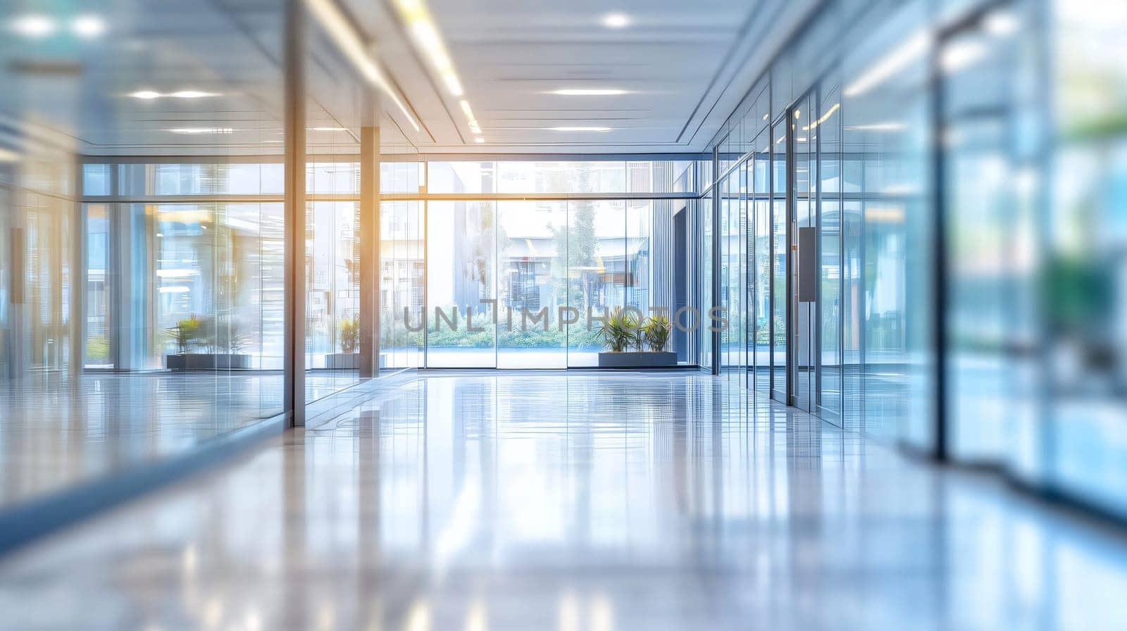 Blurred empty modern open space office interior with glass walls