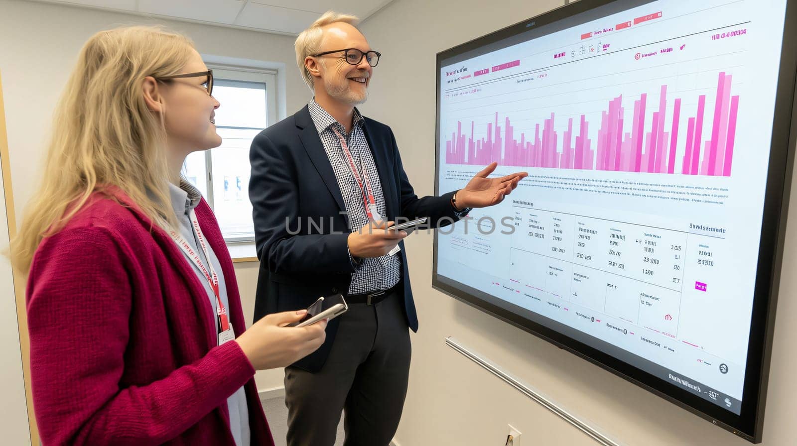 Business team is analyzing data displayed on an interactive whiteboard during a presentation about growth
