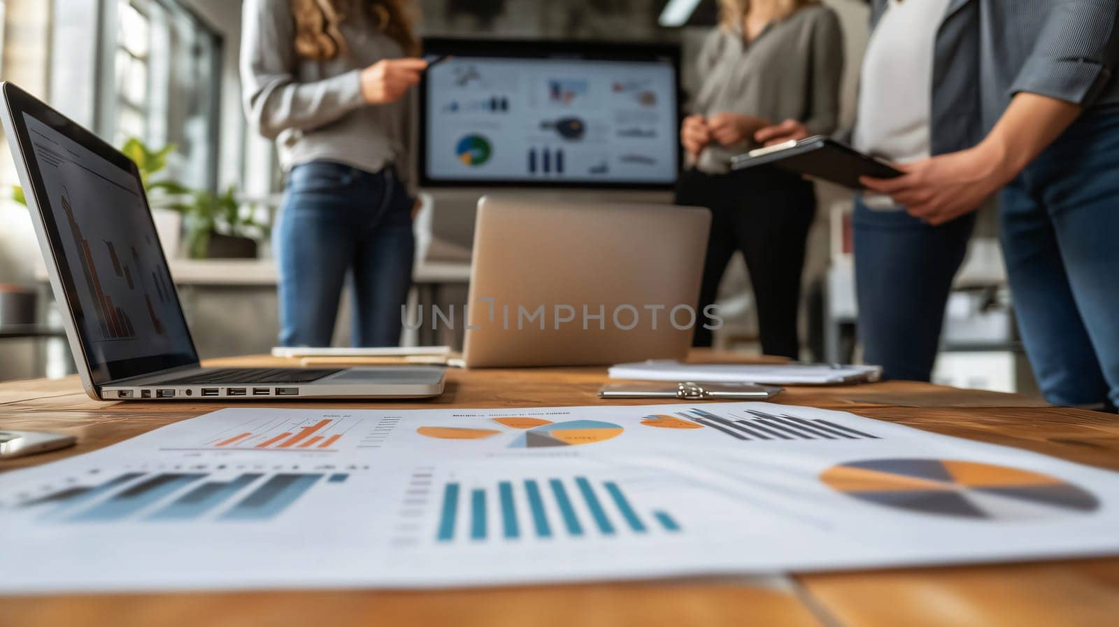 Business team standing around a table analyzing financial data on charts and graphs during a meeting