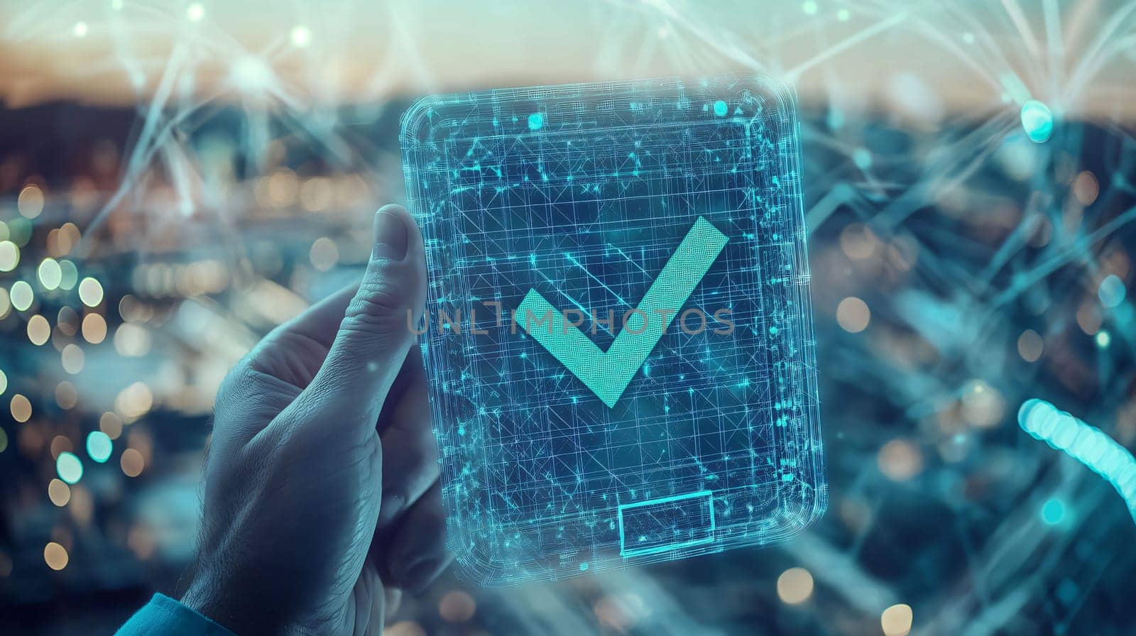 Businessman is holding a virtual green check mark, representing business success in a technological environment