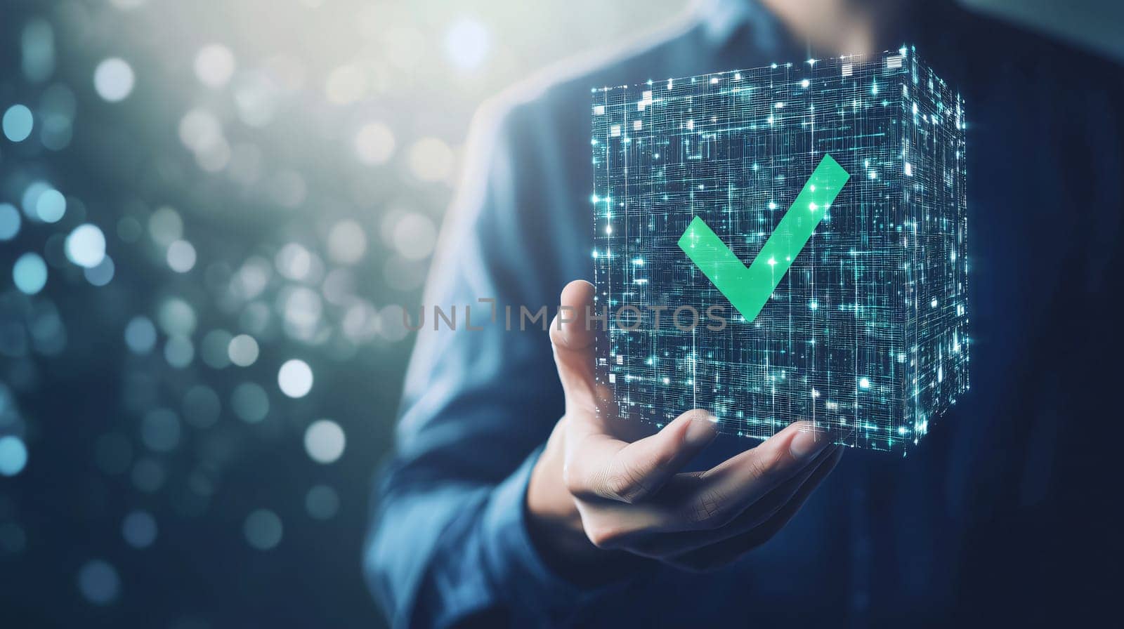 Businessman holding a glowing green check mark inside a digital cube hologram