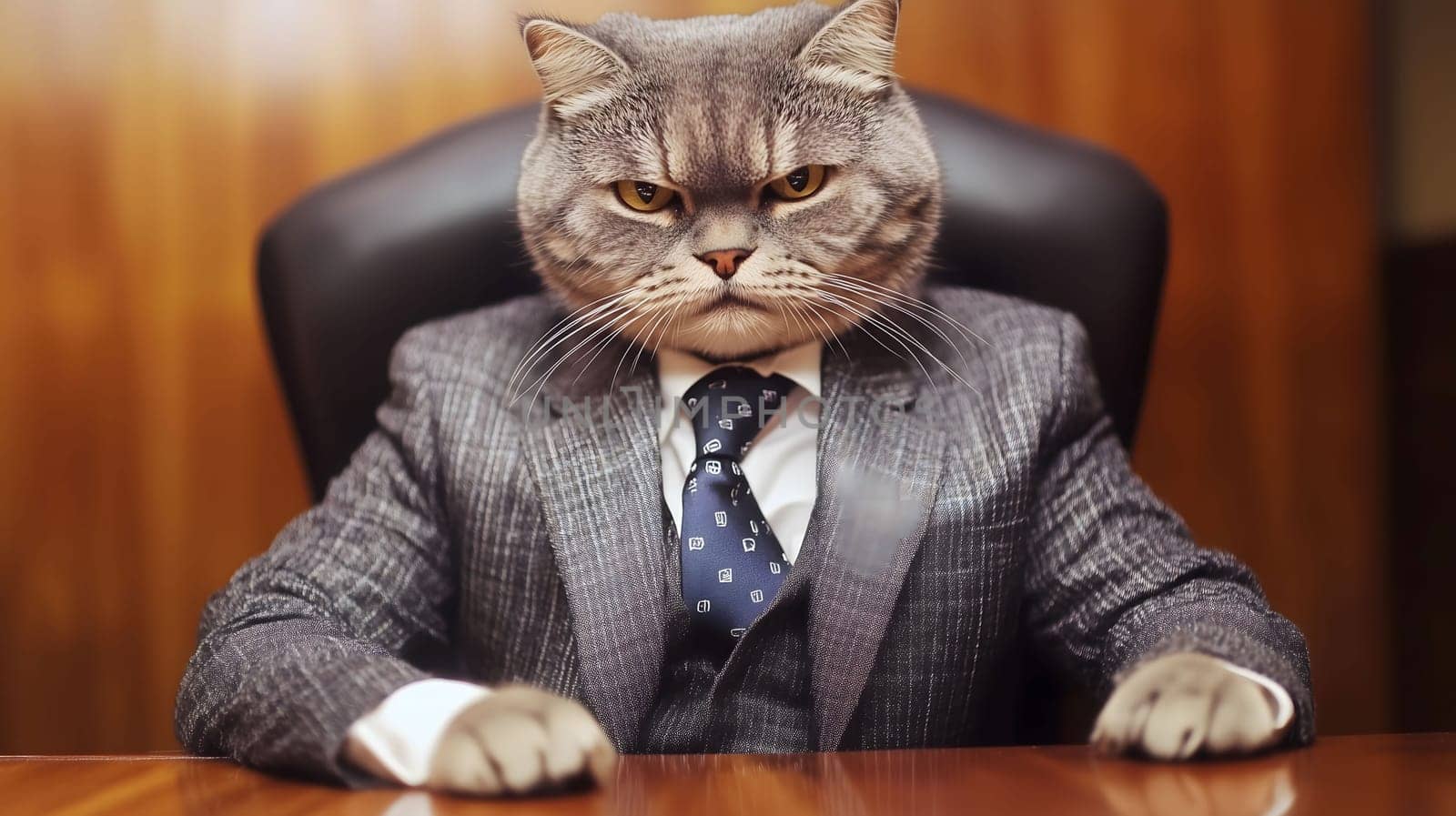 Serious cat boss wearing a suit and tie is sitting in an office chair at a desk