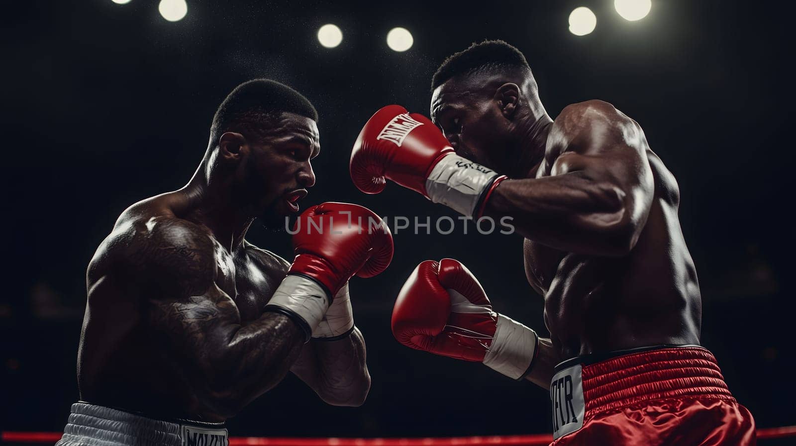 Two muscular professional boxers are practicing their fighting stance during a boxing match