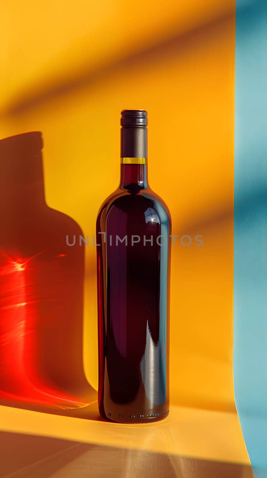 A glass bottle of red wine is displayed on a vibrant yellow and blue background, showcasing the elegant bottle stopper and saver. This alcoholic beverage is ready to be enjoyed