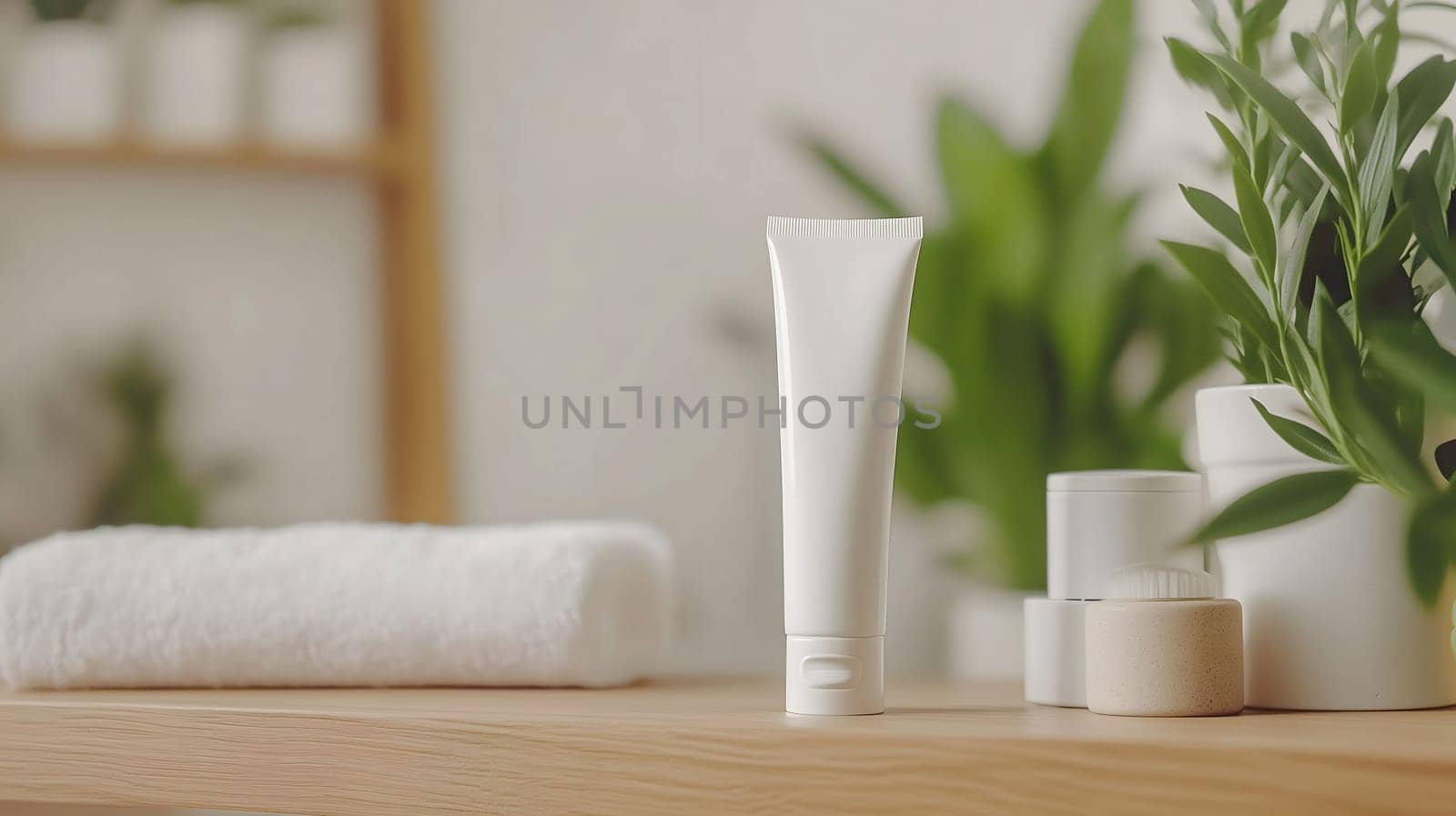 White cosmetic tube with blank label for mock up branding standing on wooden shelf with towel and plants in blurred background