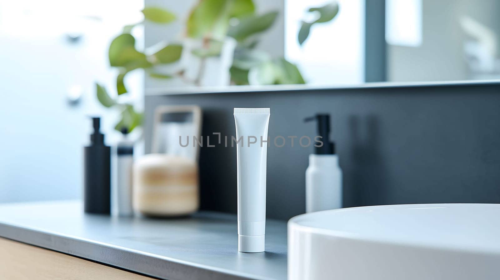 White blank tube standing on a bathroom countertop with other toiletries in the background