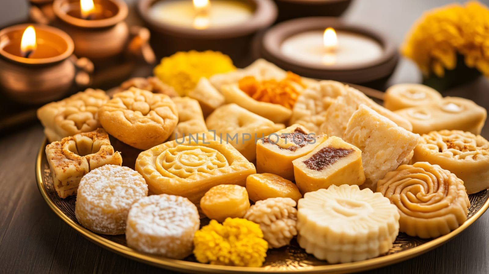Golden plate overflowing with a variety of delicious diwali sweets celebrating the festival of lights