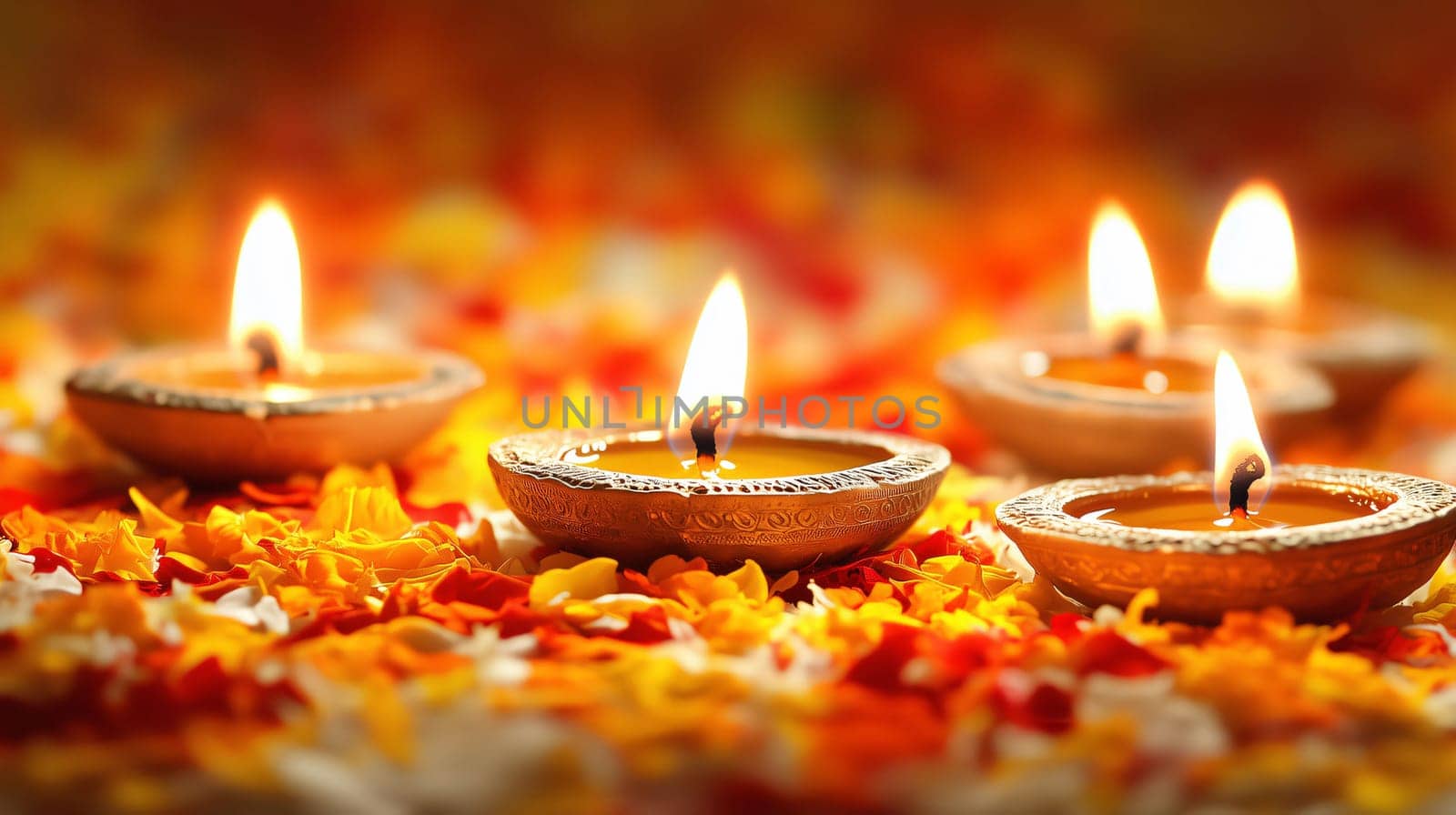 Burning diya lamps are providing warm light on a bed of colorful flower petals to celebrate diwali festival