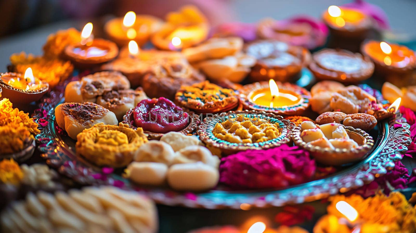 Diwali festive season celebration in india with traditional sweets, flowers and candles burning