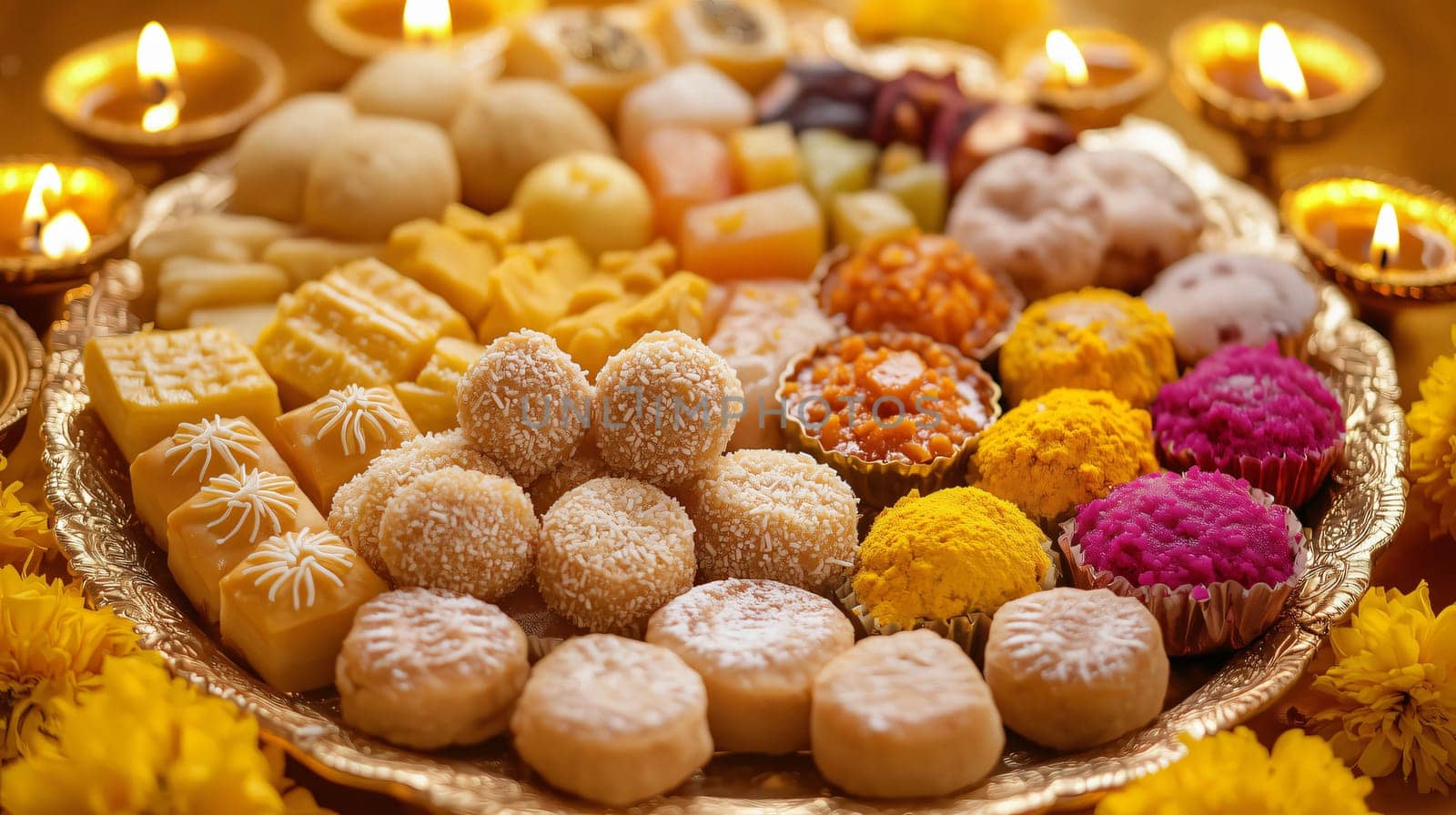 Tempting assortment of colorful indian sweets arranged on a golden tray for the diwali festival