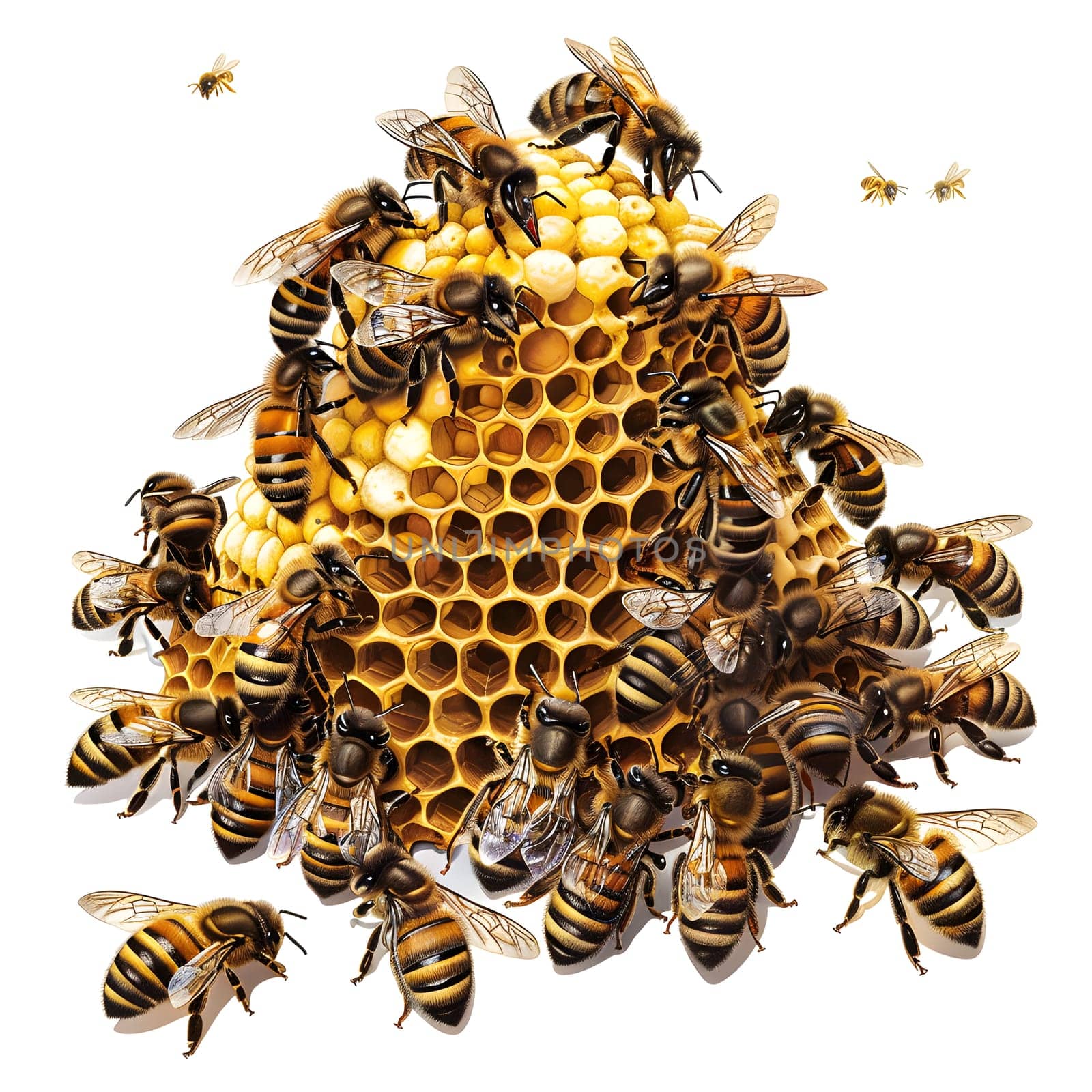 An intricate illustration featuring honeybees buzzing around a vibrant honeycomb