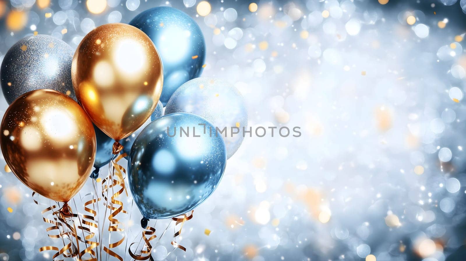 Blue and gold balloons are floating on a sparkly silver background with bokeh for birthday or party