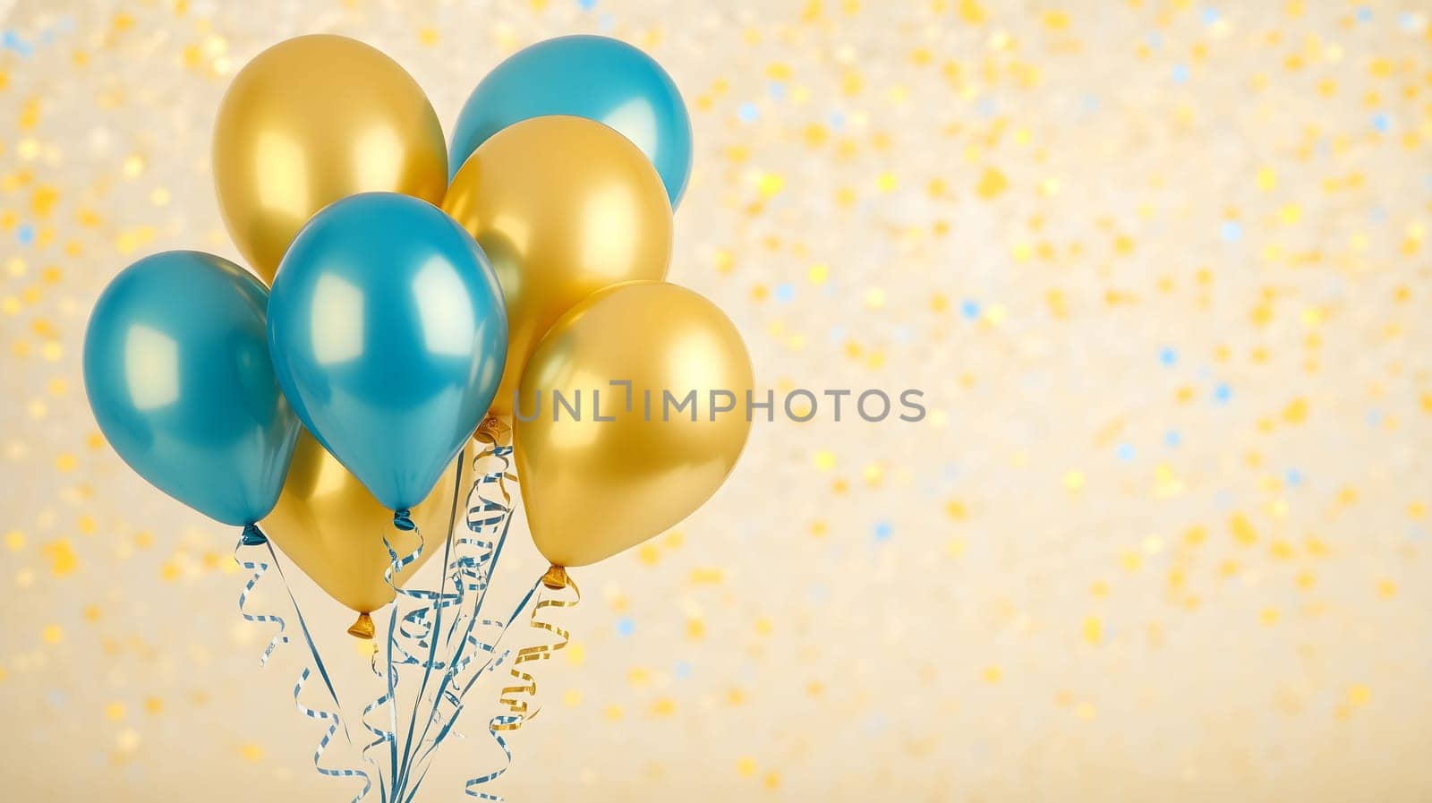 Blue and gold balloons floating with ribbons on a glittery background, perfect for birthday or party invitations or decorations