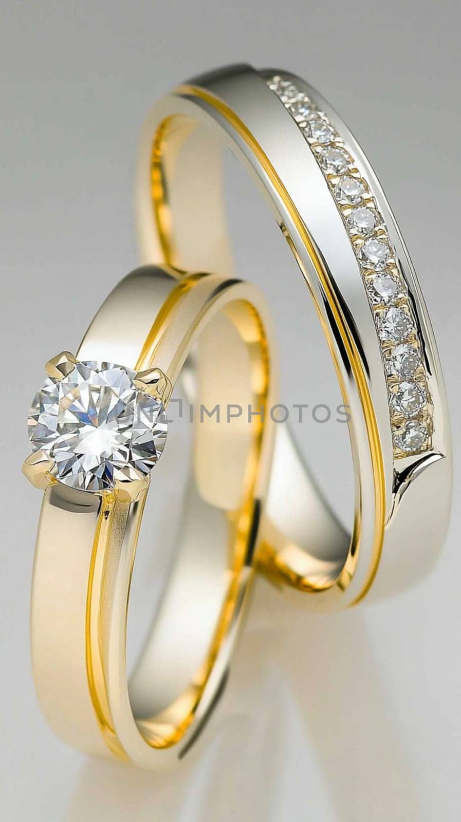 Two simple gold wedding rings are laying on white cloth, ready for the couple to exchange during their wedding ceremony