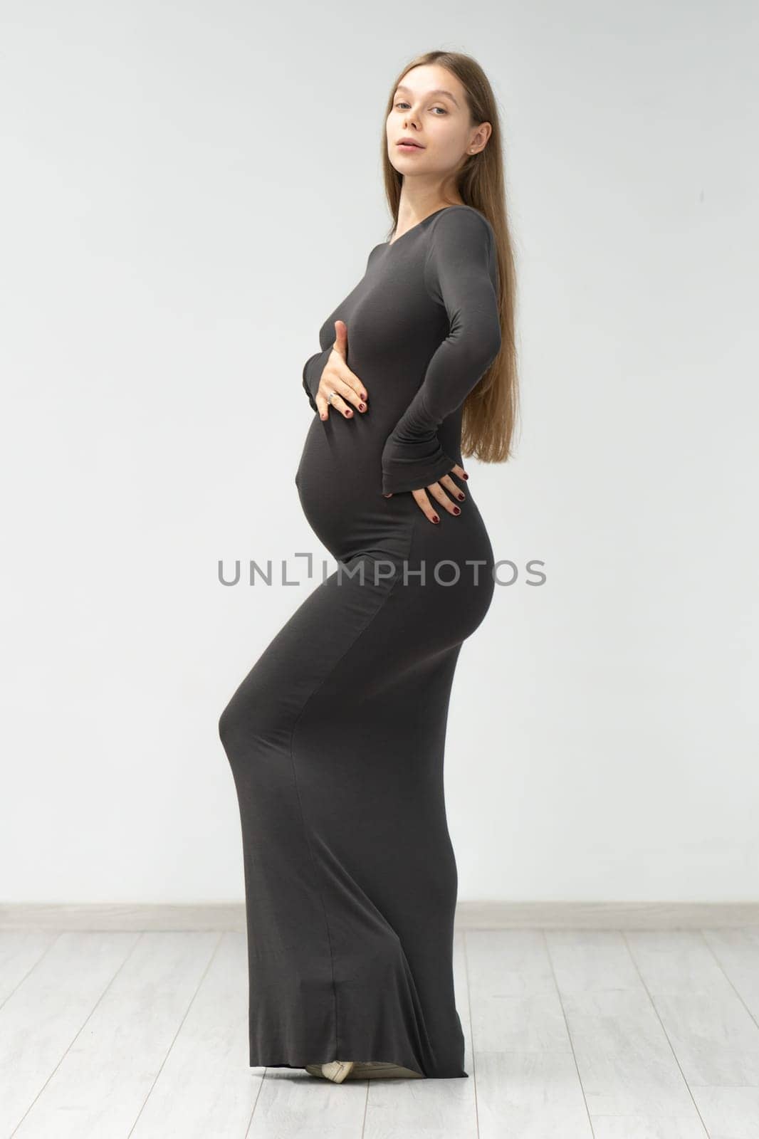background female mother positive tummy maternity motherhood girl dress pregnancy expectant black