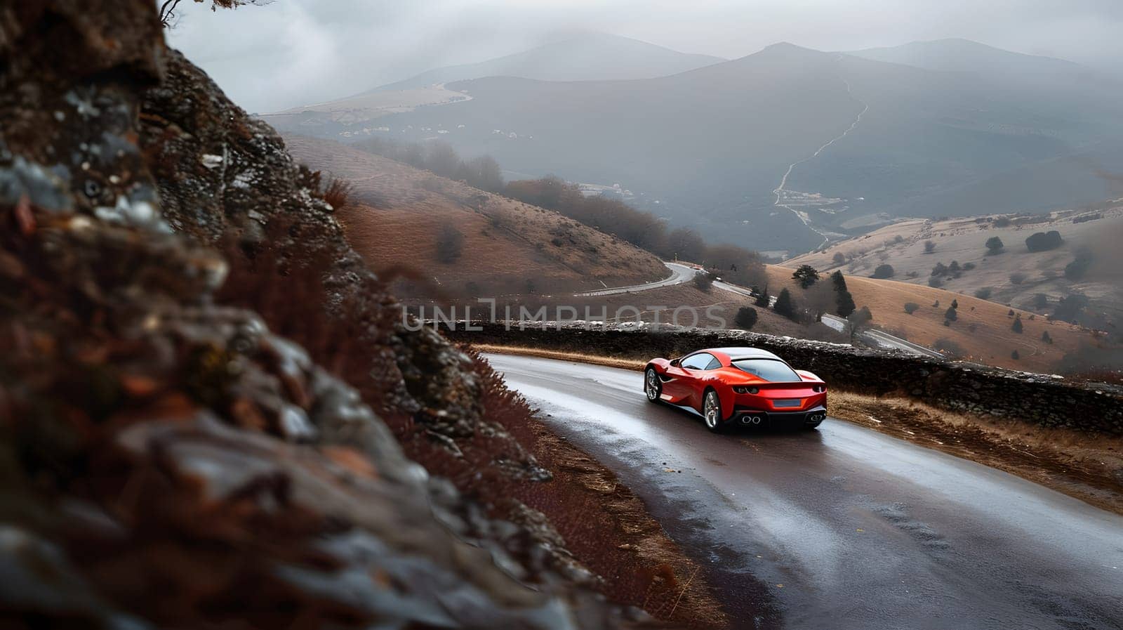 A red sports car navigates a winding mountain road on an overcast day.