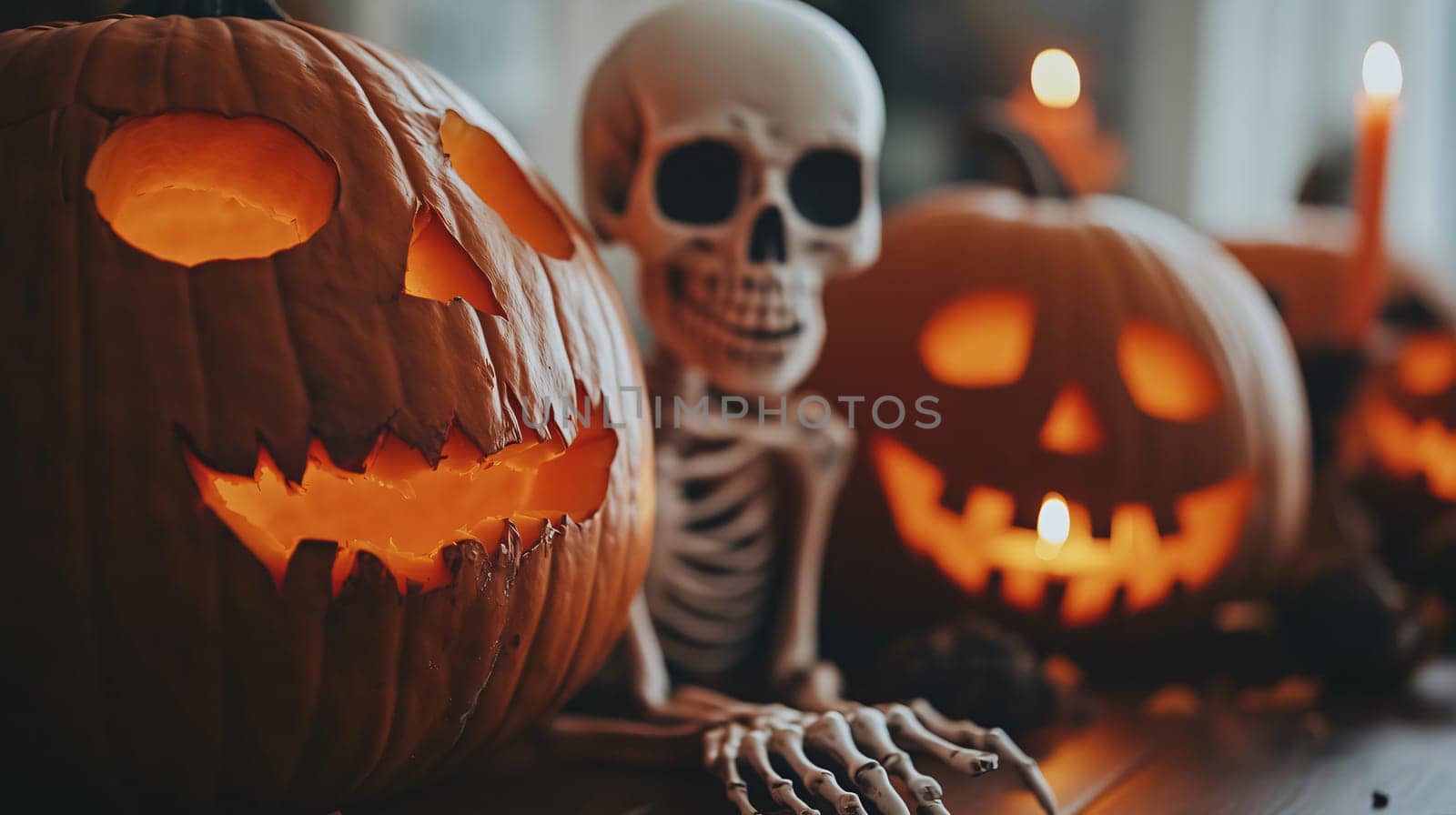 Spooky halloween decoration with carved pumpkins lit from within and a skeleton resting on a table