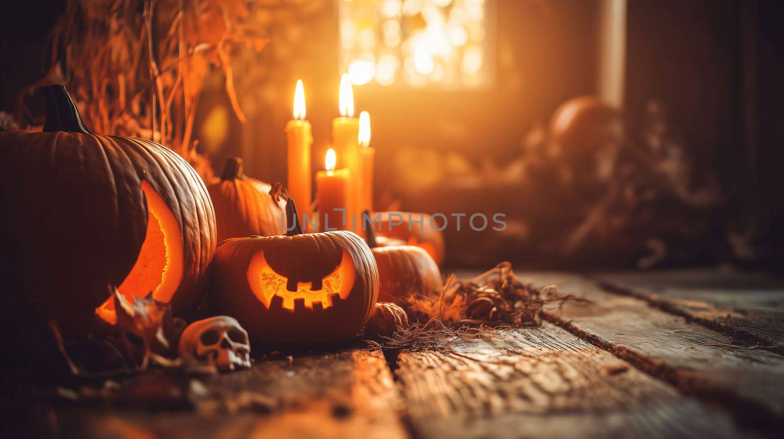 Halloween pumpkins are glowing on a rustic wooden surface with candles in the background