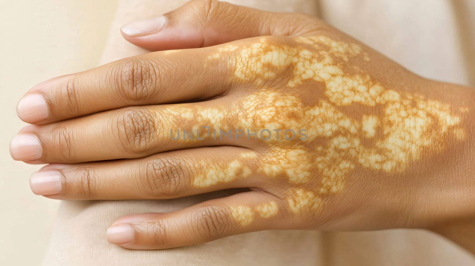 Close up of a woman's hand showing vitiligo depigmentation