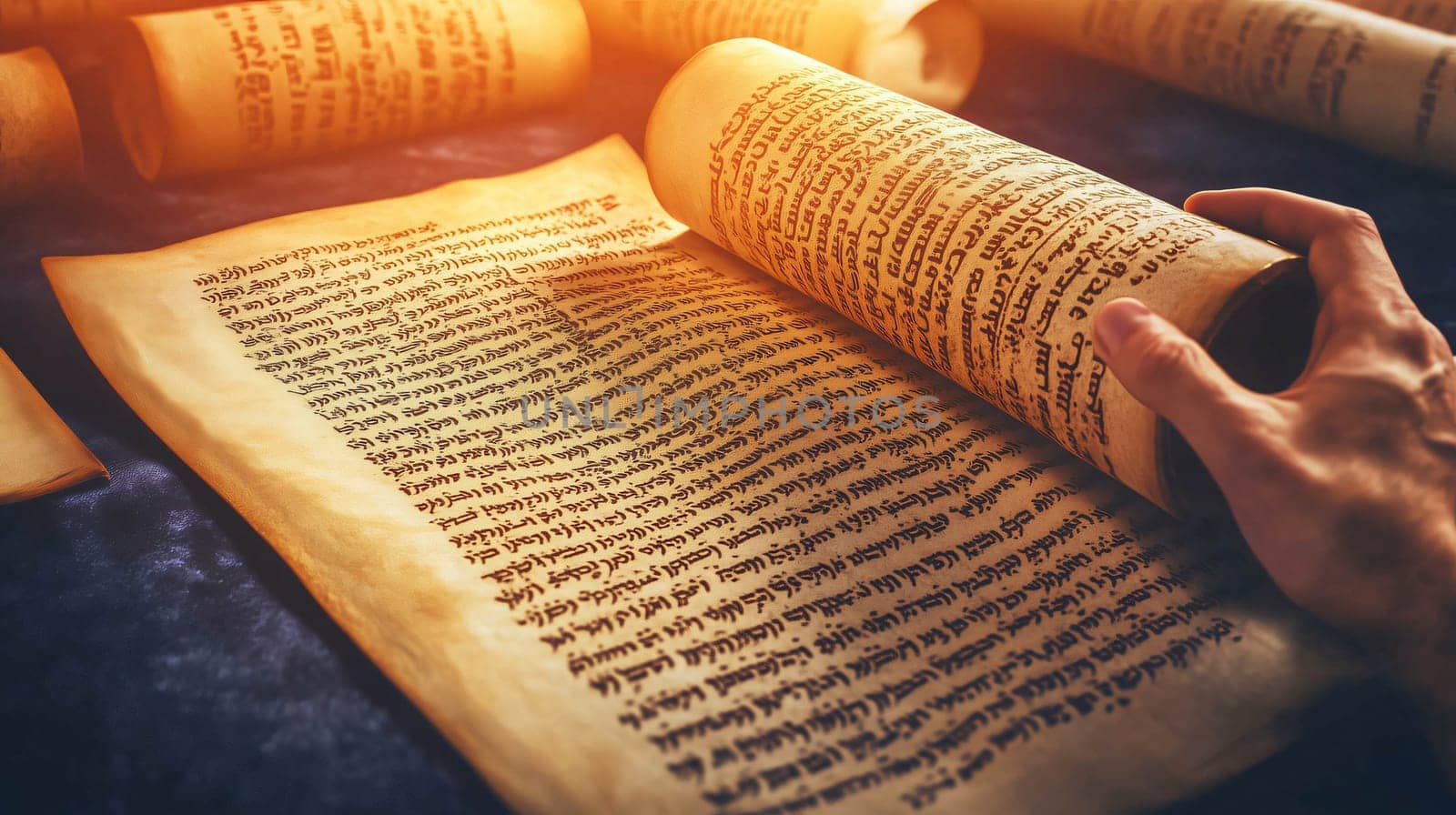 Historian is carefully reading an ancient hebrew manuscript, illuminated by a warm light