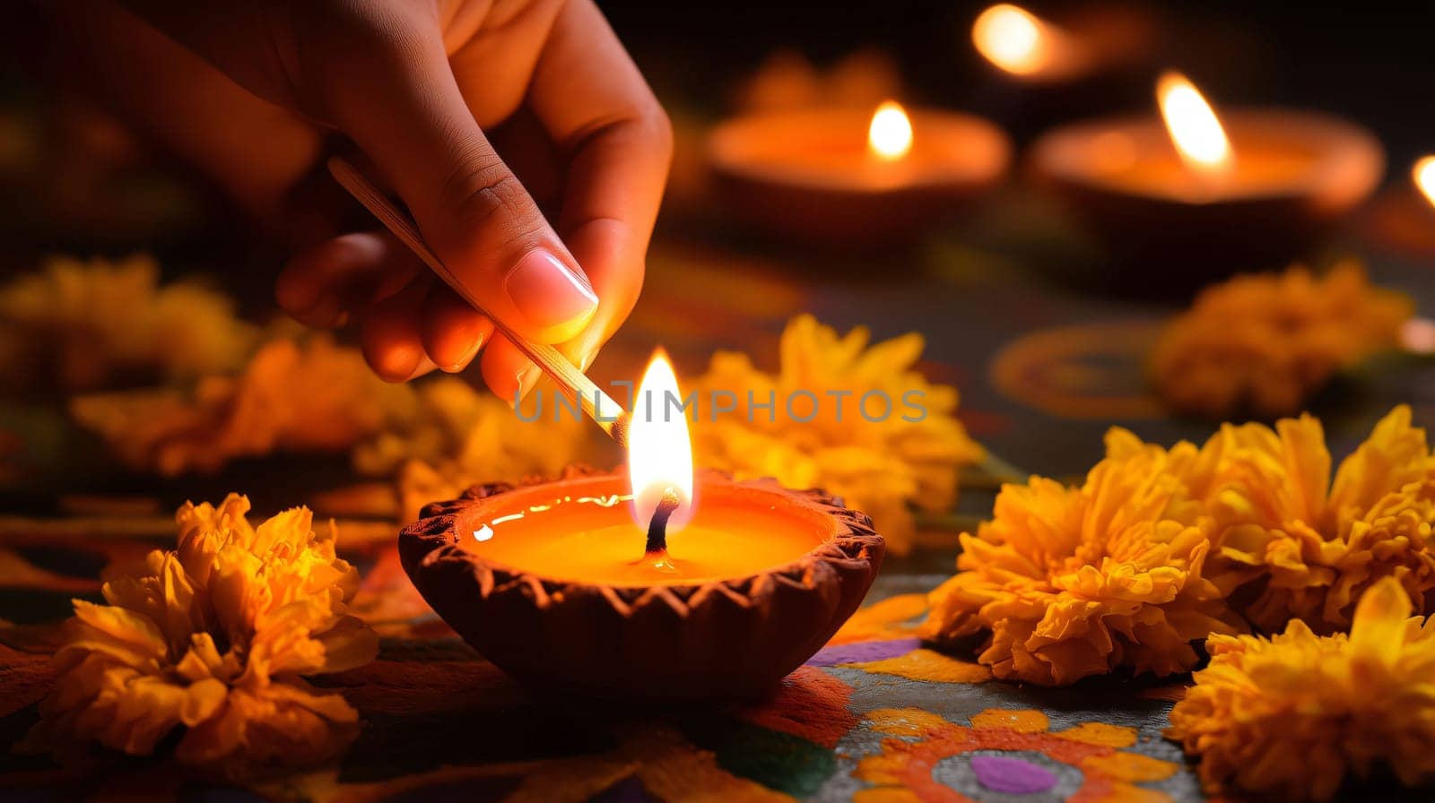 Woman lighting a diya oil lamp with a match, surrounded by marigold flowers, for the diwali festival celebration