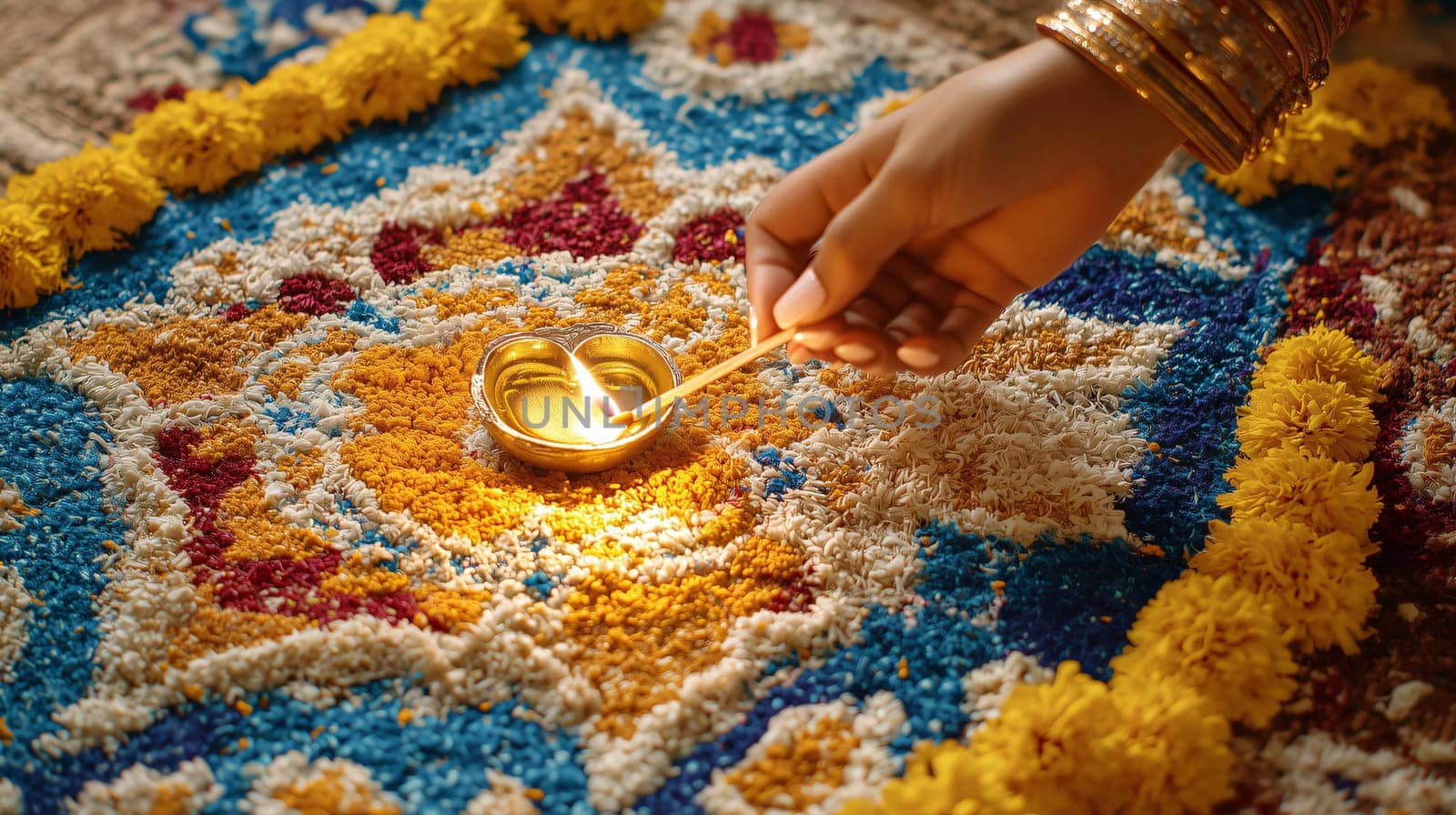 Woman lighting a diya with a matchstick on a beautiful rangoli during diwali festival celebration