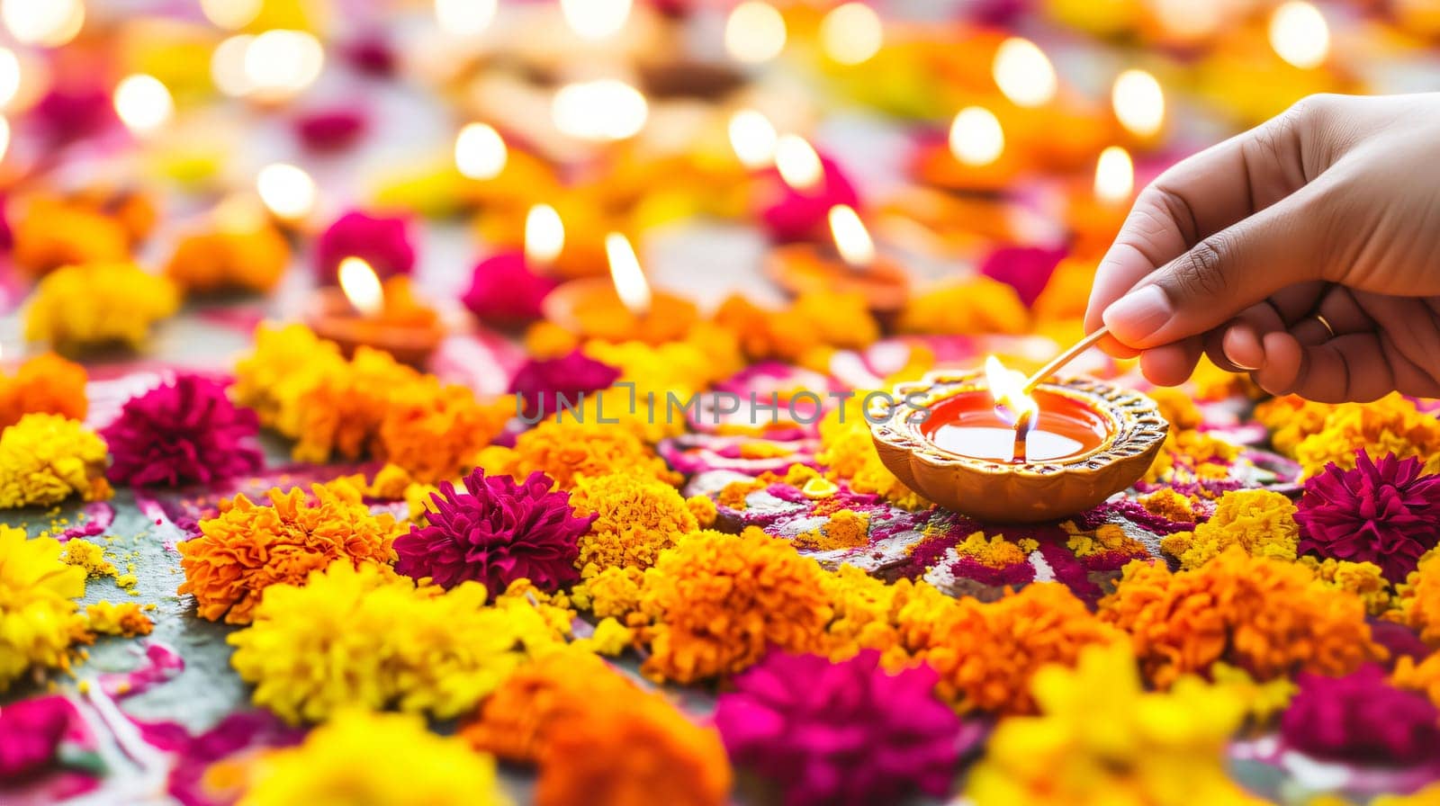 Person is lighting an oil lamp for the diwali festival with colorful marigold flowers surrounding
