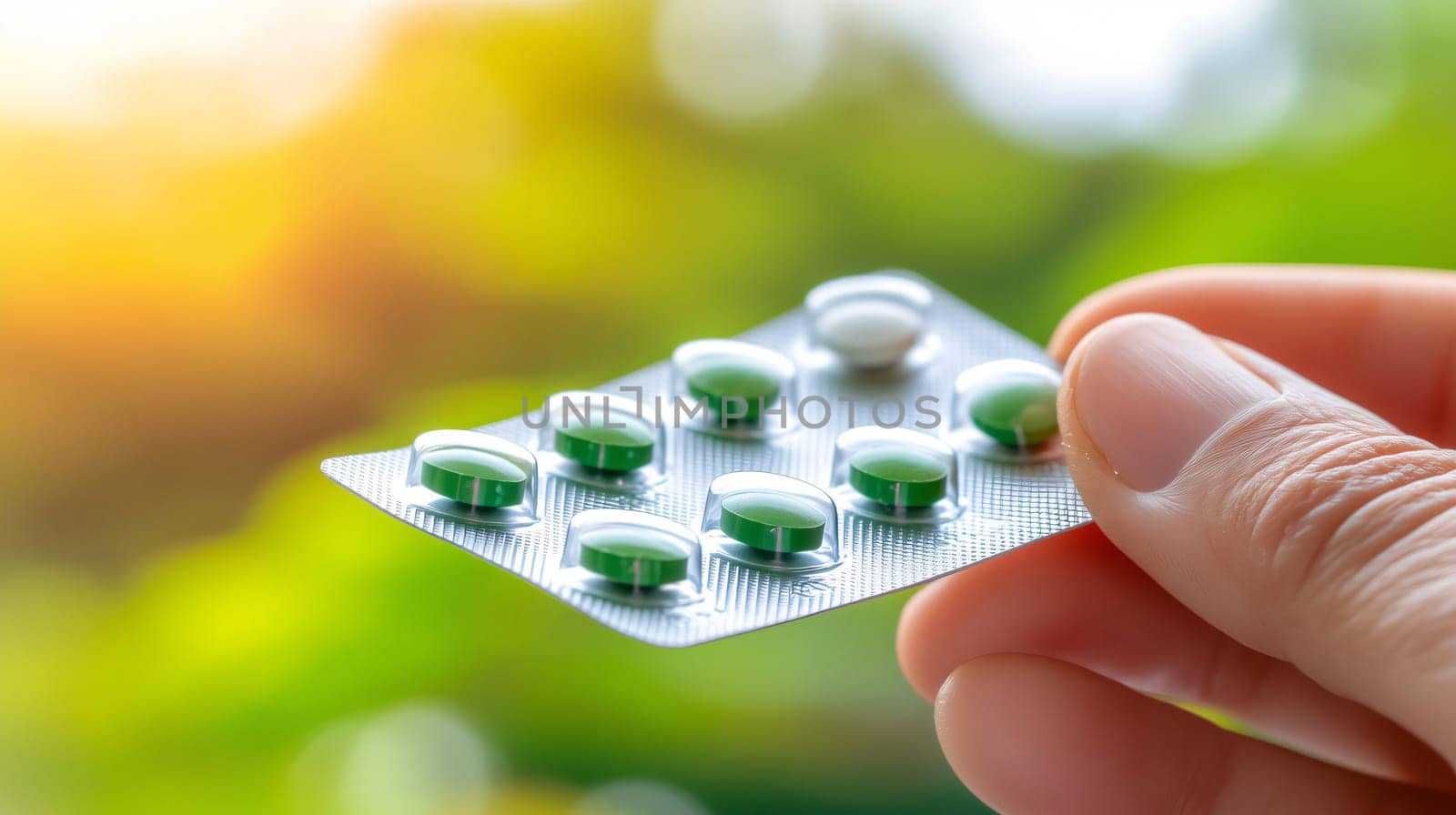 Doctor is holding a blister pack of green pills outside with a green background