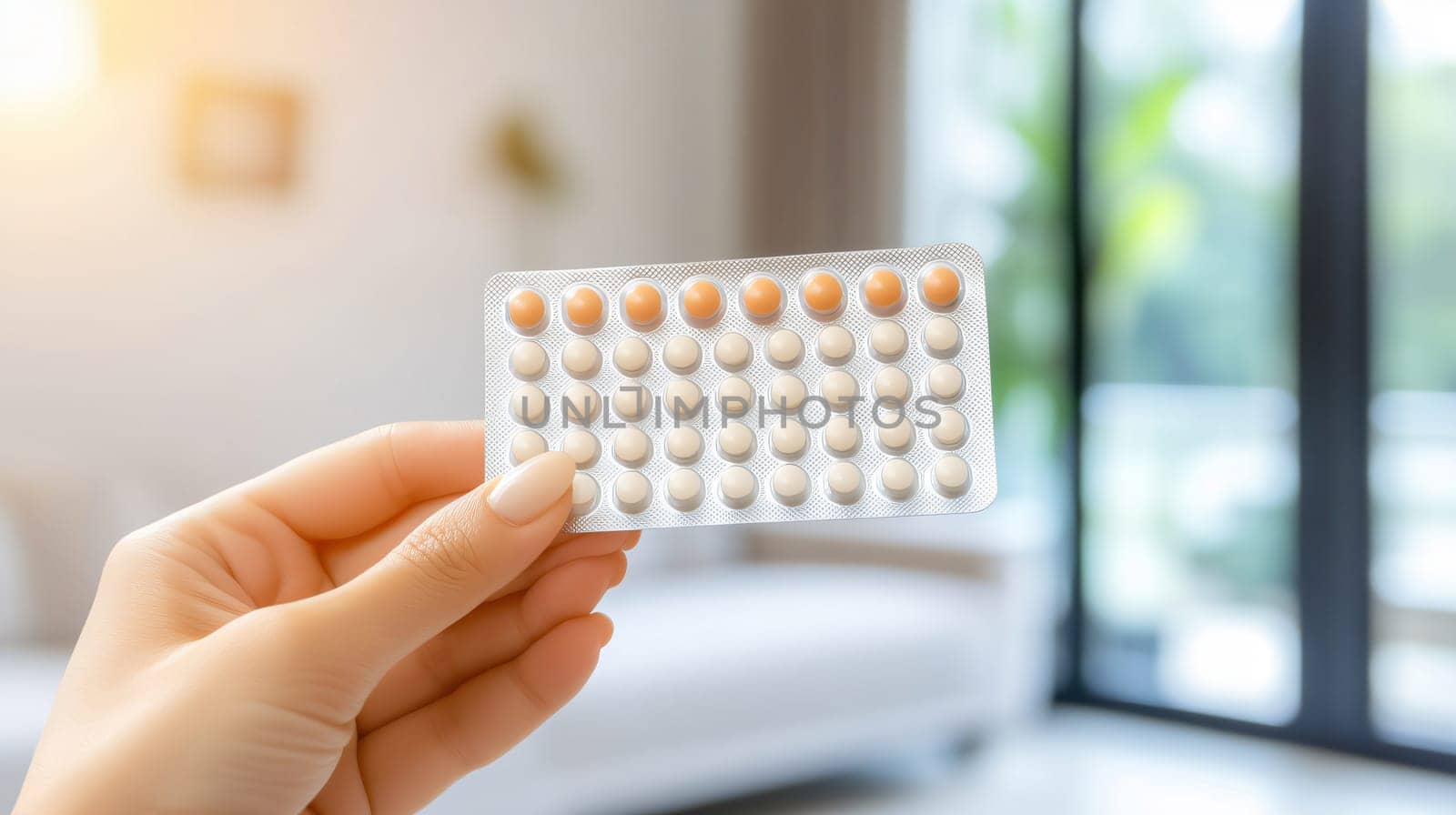 Woman holding contraceptive pill blister pack in living room