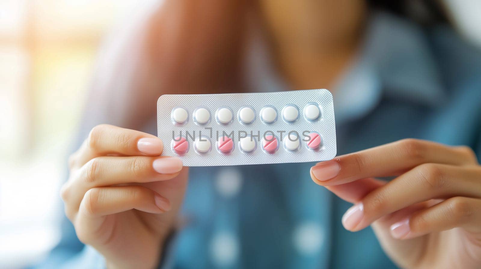 Young woman is showing a blister pack of contraceptive pills