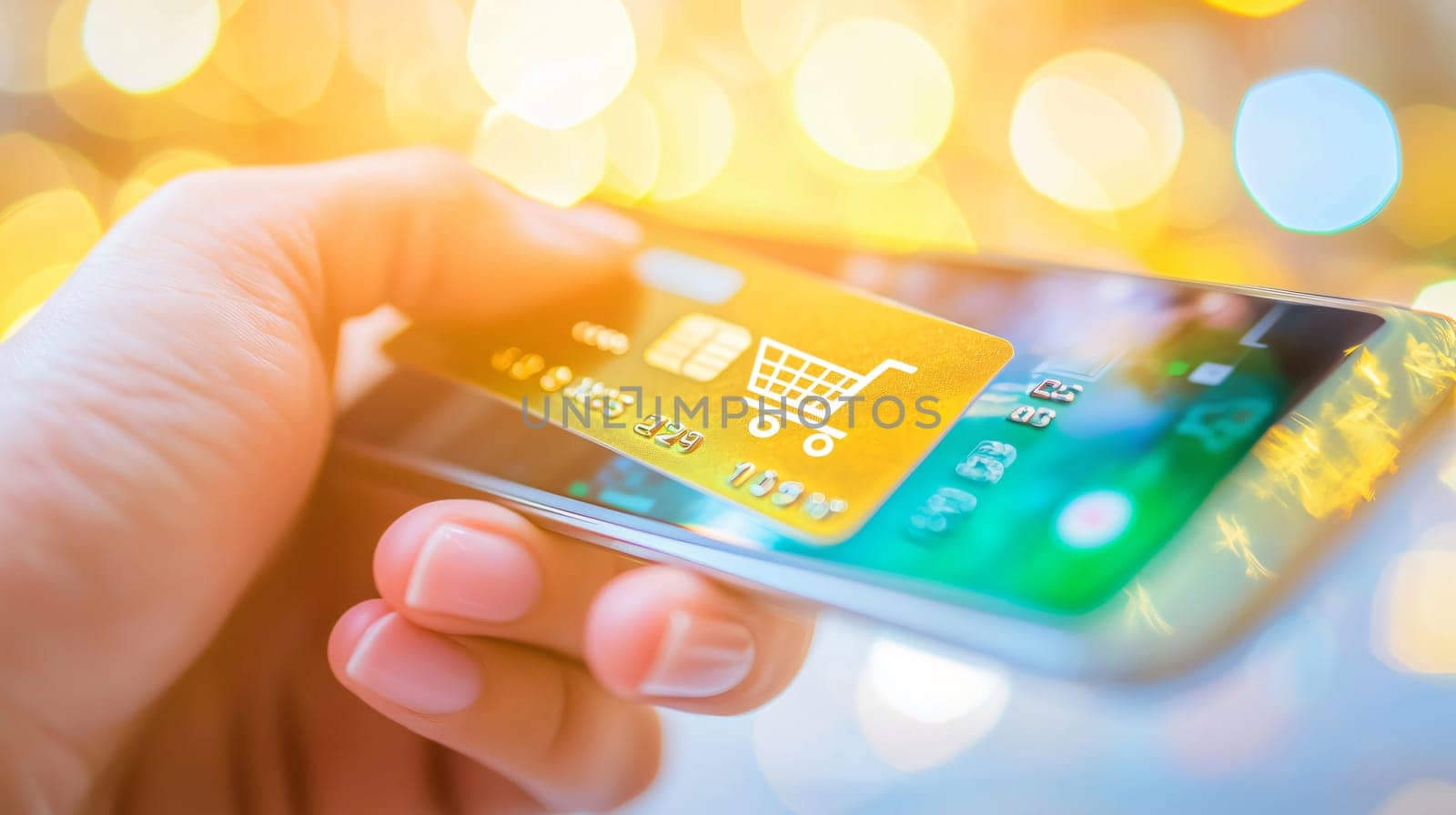 Woman is holding credit card over smartphone with shopping cart symbol on bokeh background