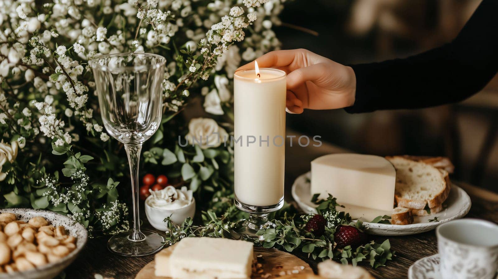Hand lighting a candle on a rustic dinner table with cheese, bread, flowers and candles