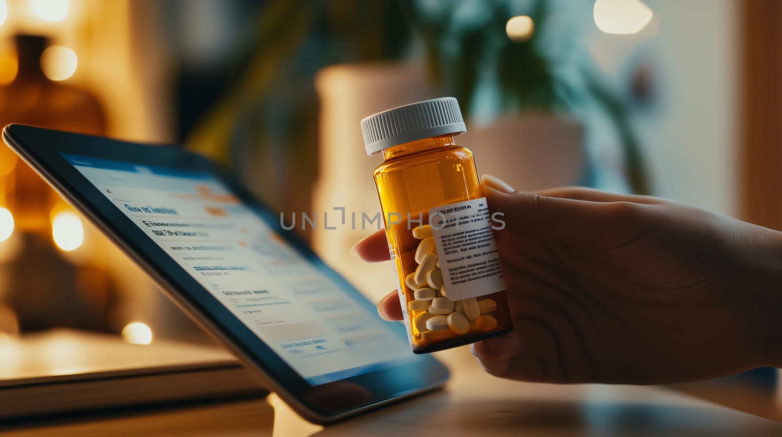 Person is holding a pill bottle and reading information about prescription medicine on a digital tablet