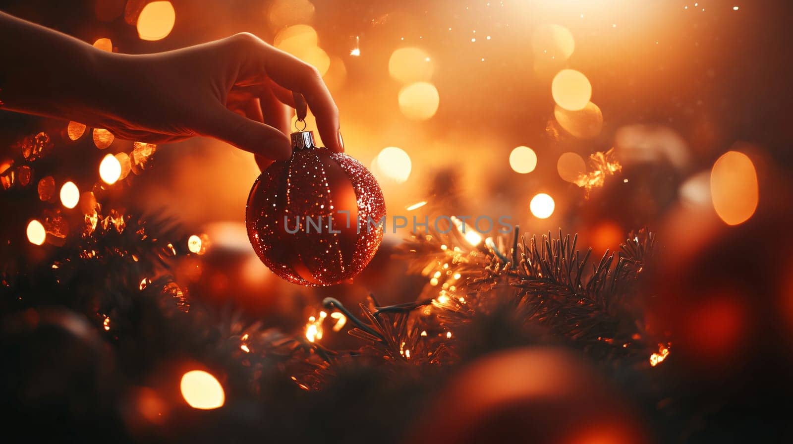 Hand is placing a red christmas ornament on a christmas tree decorated with string lights