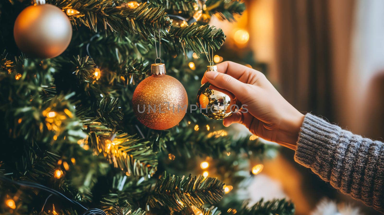 Woman is decorating a christmas tree with golden baubles