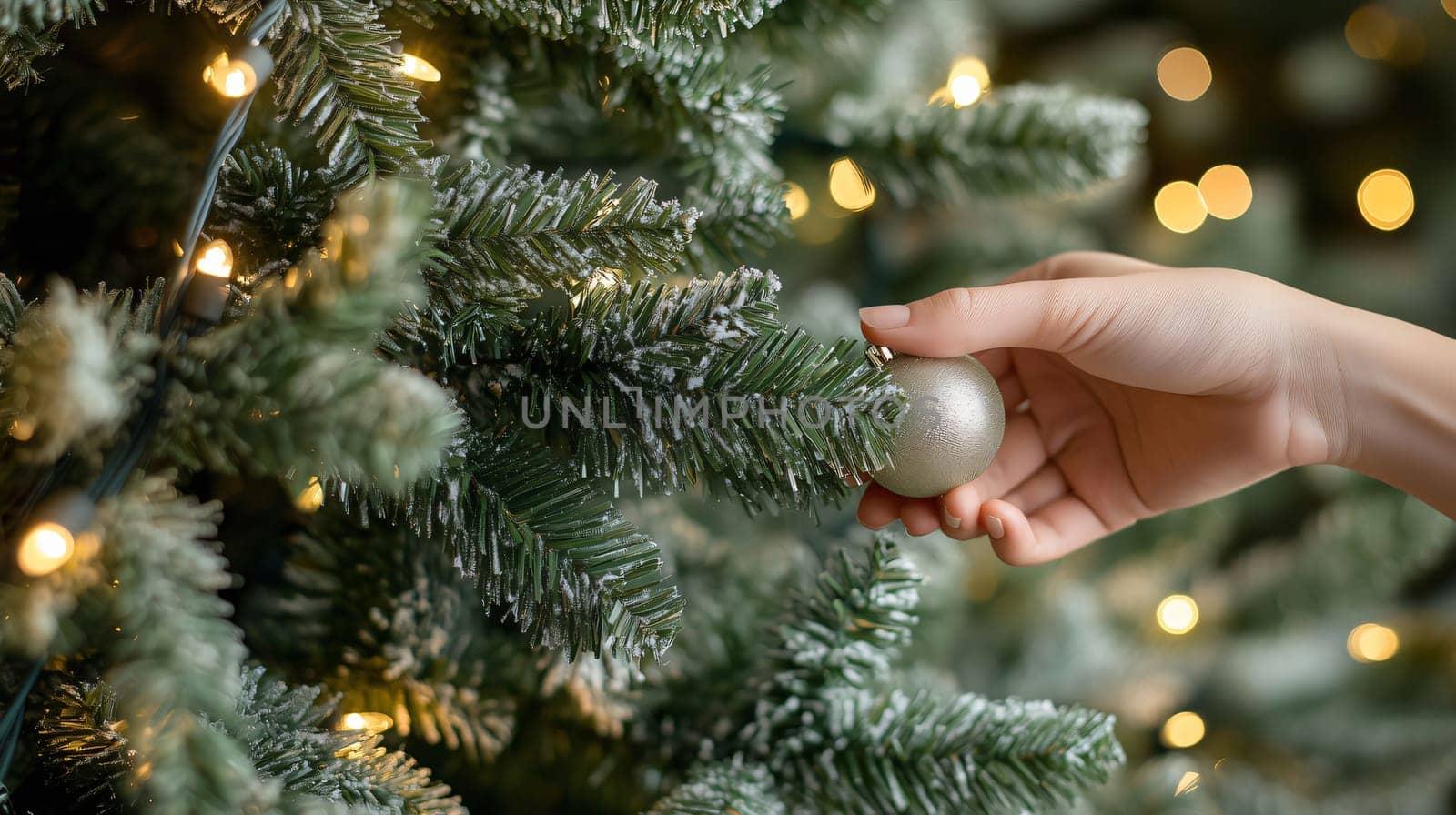 Woman is hanging a silver bauble on a snow-covered christmas tree with warm lights