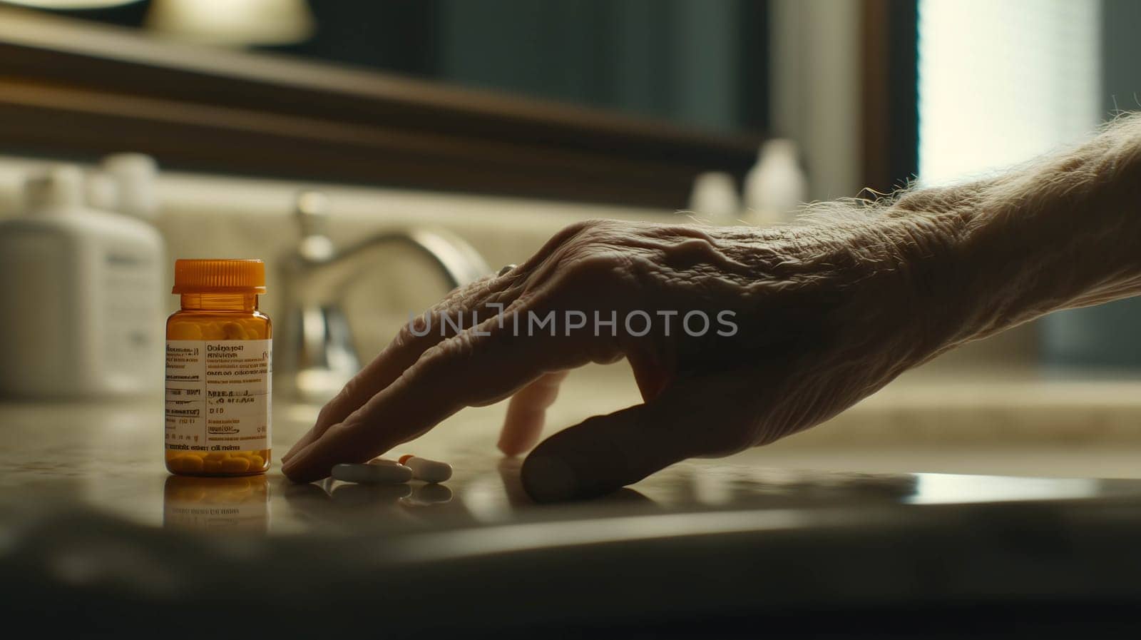 Senior man reaching for prescription medication on a bathroom sink, highlighting the challenges of aging and healthcare