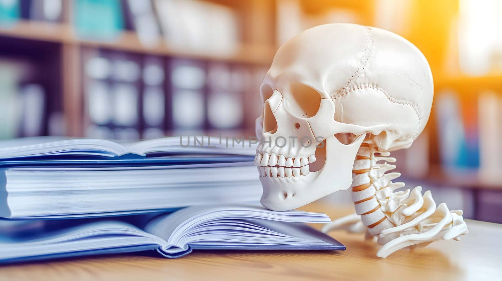 Human skull model sitting on a desk in a library with an open book and stack of books nearby