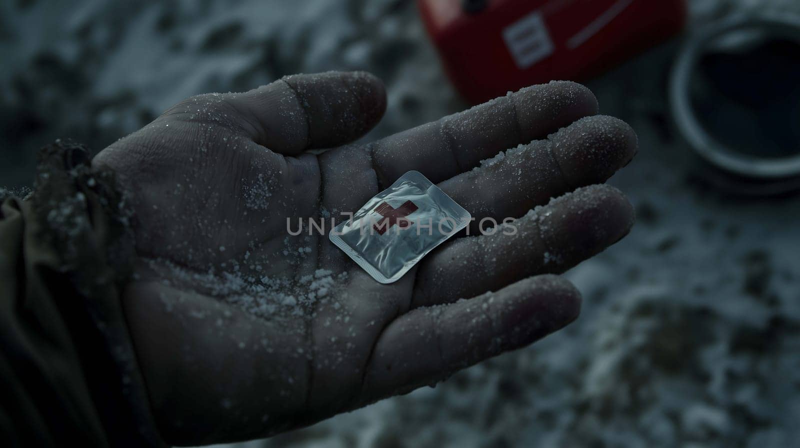 Frozen hand holding a pill with a medical cross, symbolizing hope in a survival situation