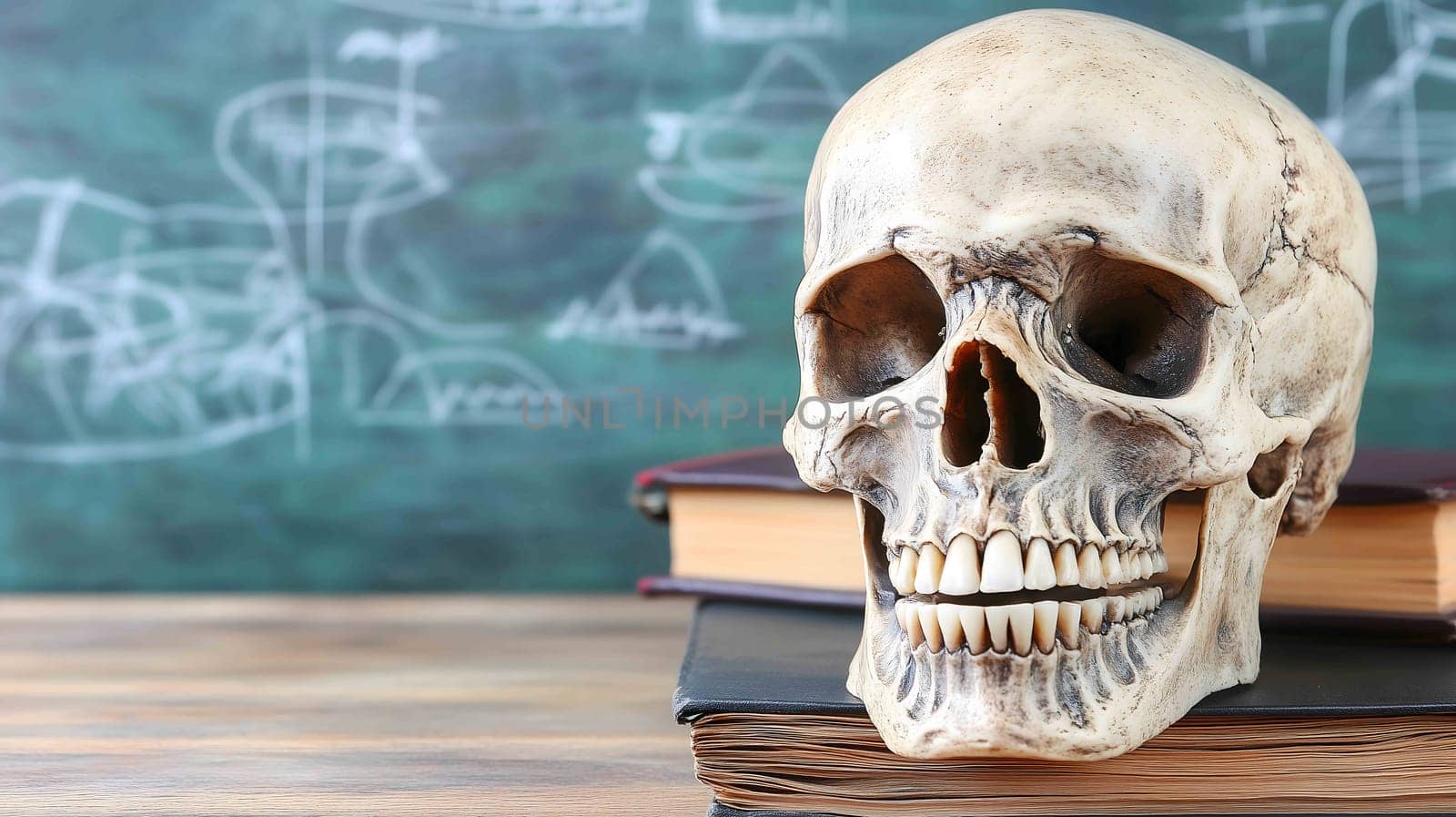 Human skull is sitting on top of books on a desk with a chalkboard in the background