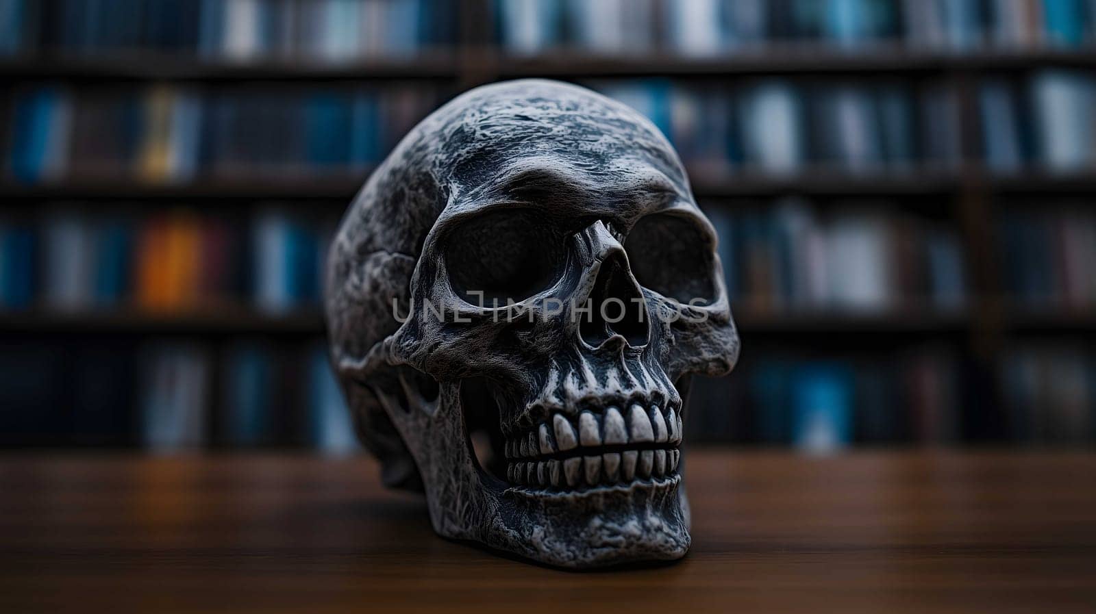 Human skull sits on a desk in a library, surrounded by shelves full of books