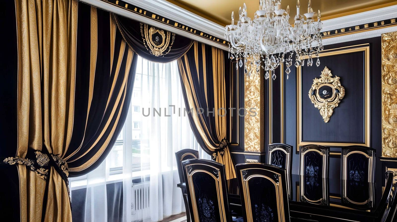 Sophisticated Art Deco dining room exuding opulence with its black and gold color scheme and lavish furnishings