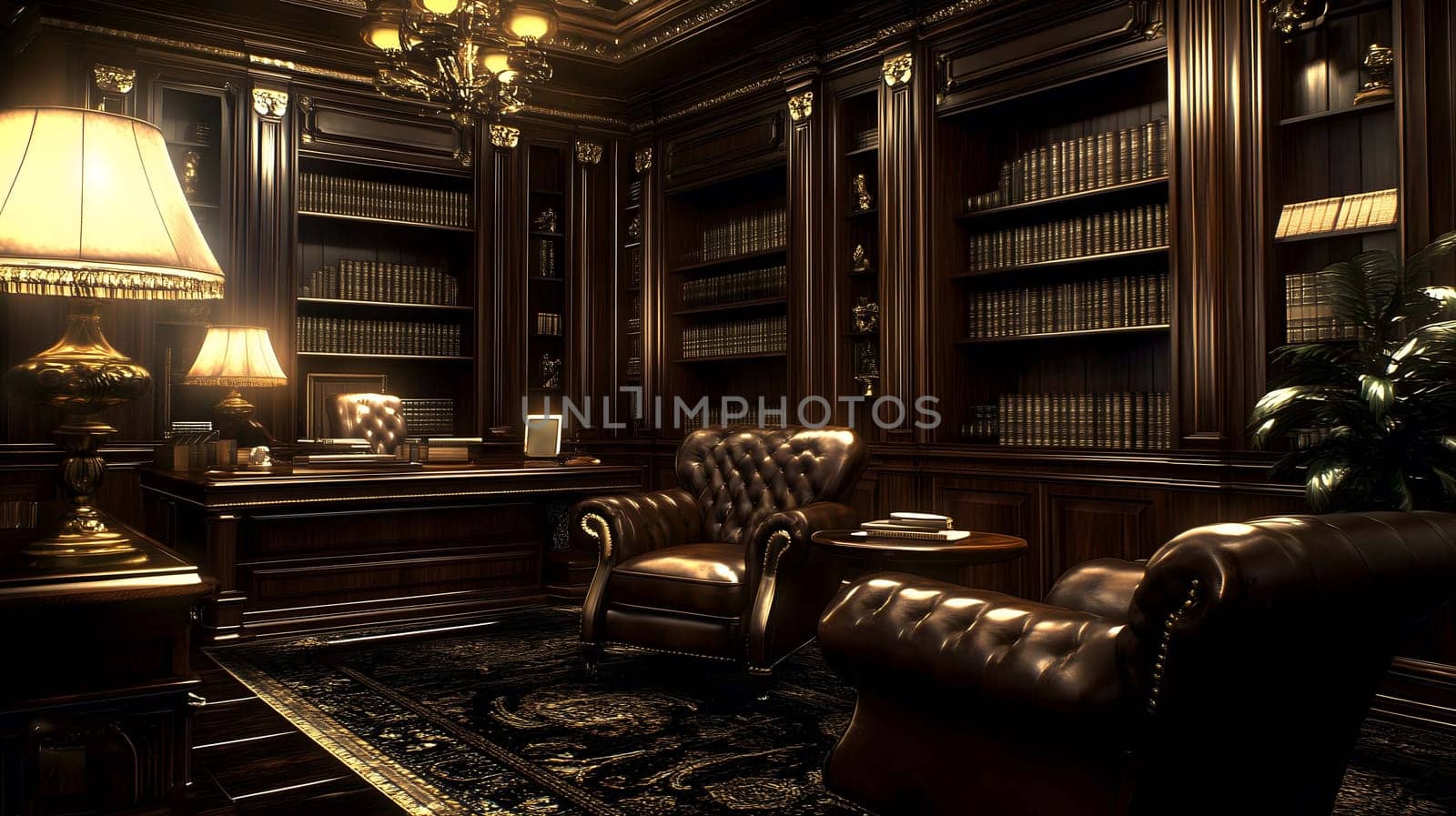 Gothic office with dark wood and leather furniture is bathed in warm light