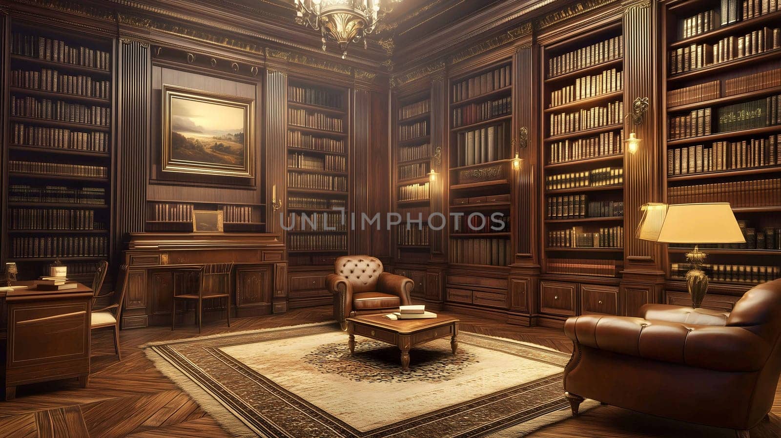 Classic Gothic home library interior with a wooden desk, leather armchairs, bookshelves, and a warm inviting light