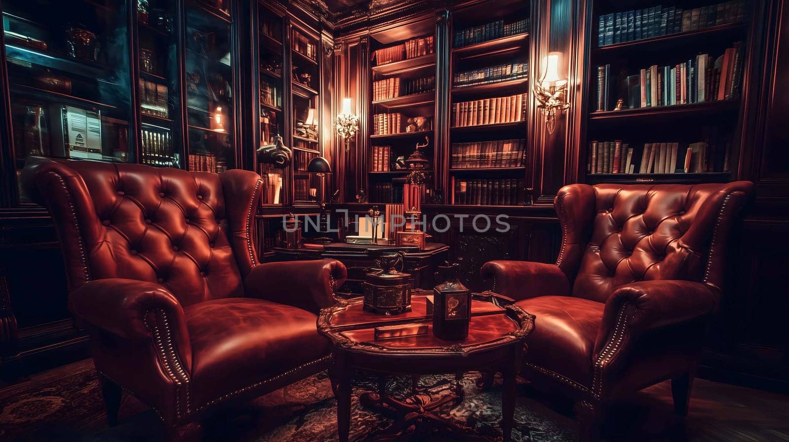 Classic Gothic library with shelves full of books and vintage furniture inviting you to relax with a good book