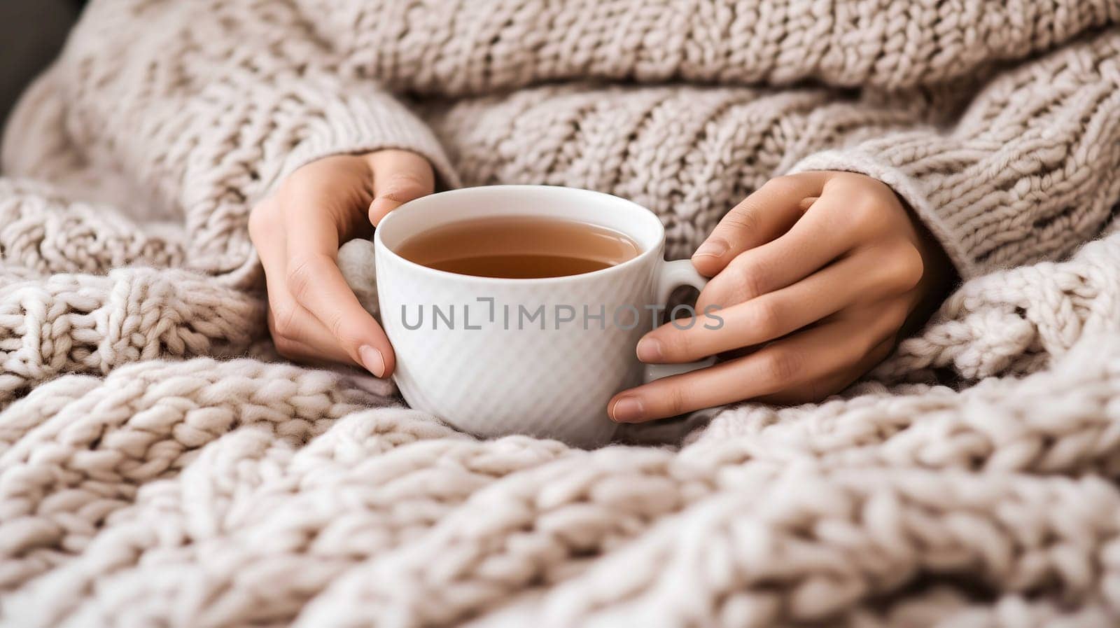 Woman relaxing on a sofa, enjoying a cup of hot tea under a warm blanket