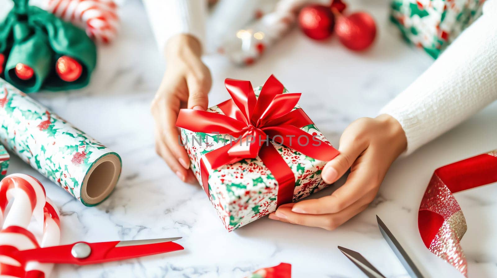 Woman is holding a christmas present wrapped in festive paper with a red bow