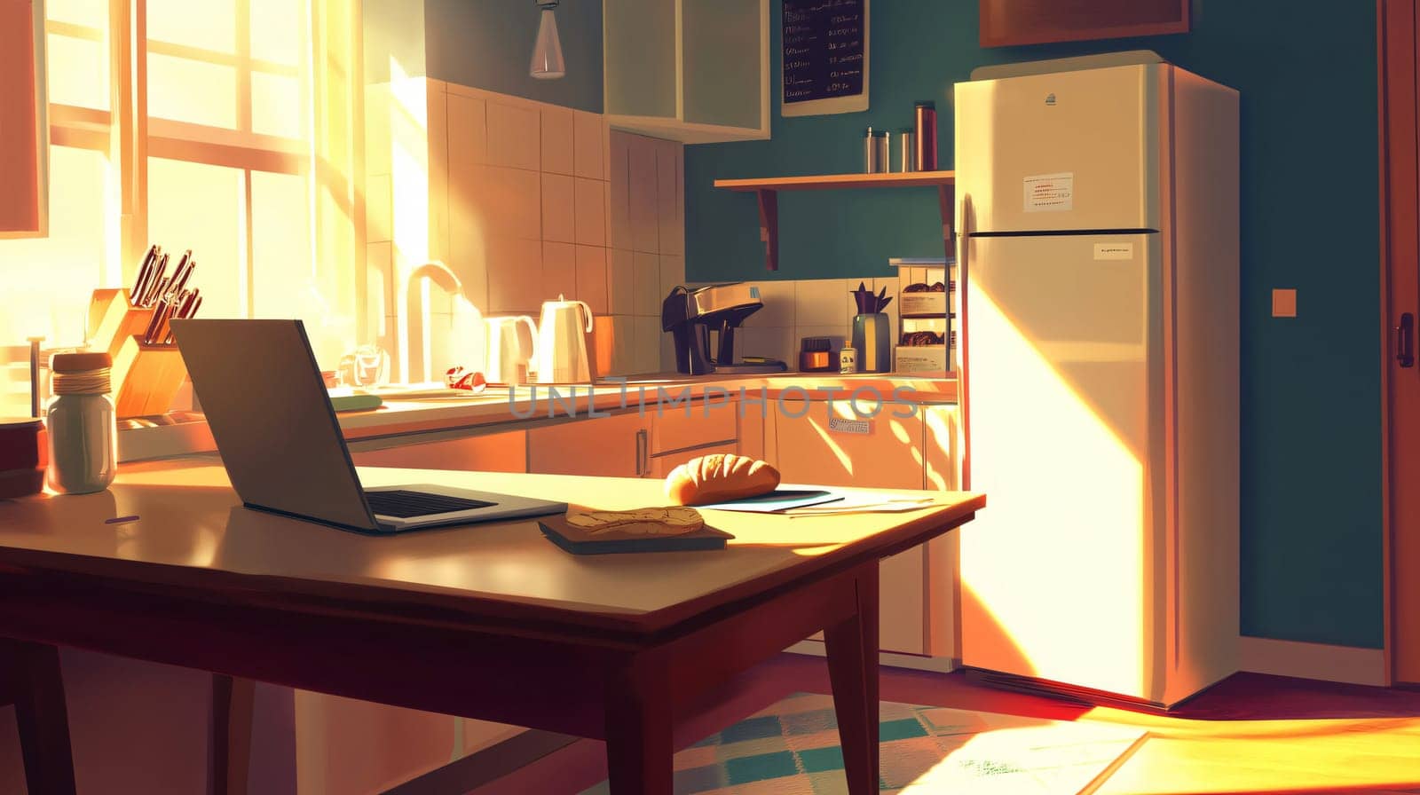 Cozy kitchen bathed in warm sunlight with a laptop on a wooden table