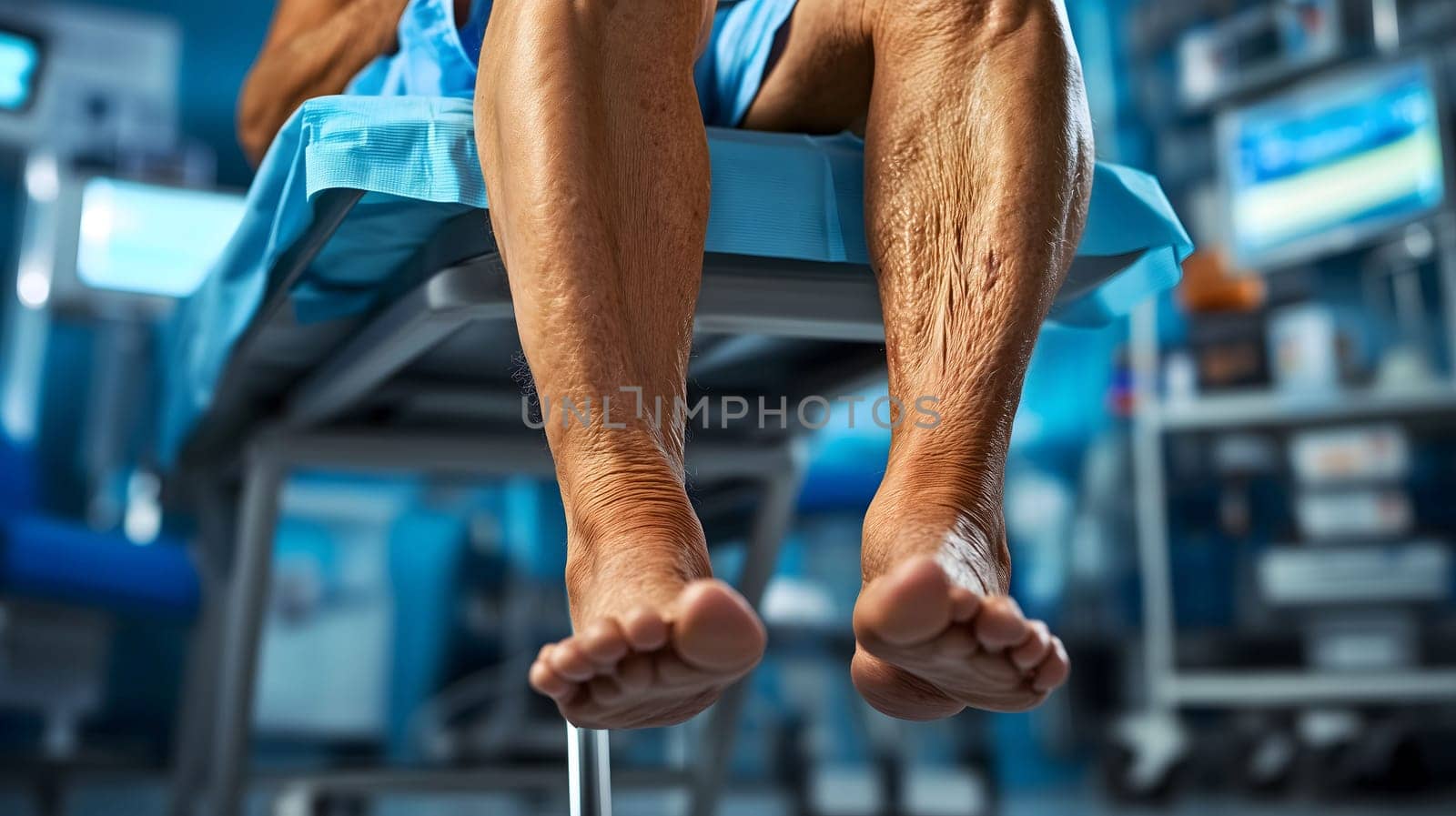 Elderly patient with swollen ankles awaits surgery while lying on a stretcher in a hospital operating room