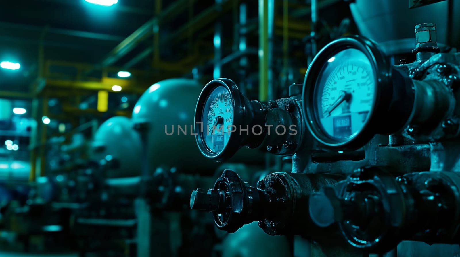 Pressure gauges are showing the pressure in an industrial factory setting